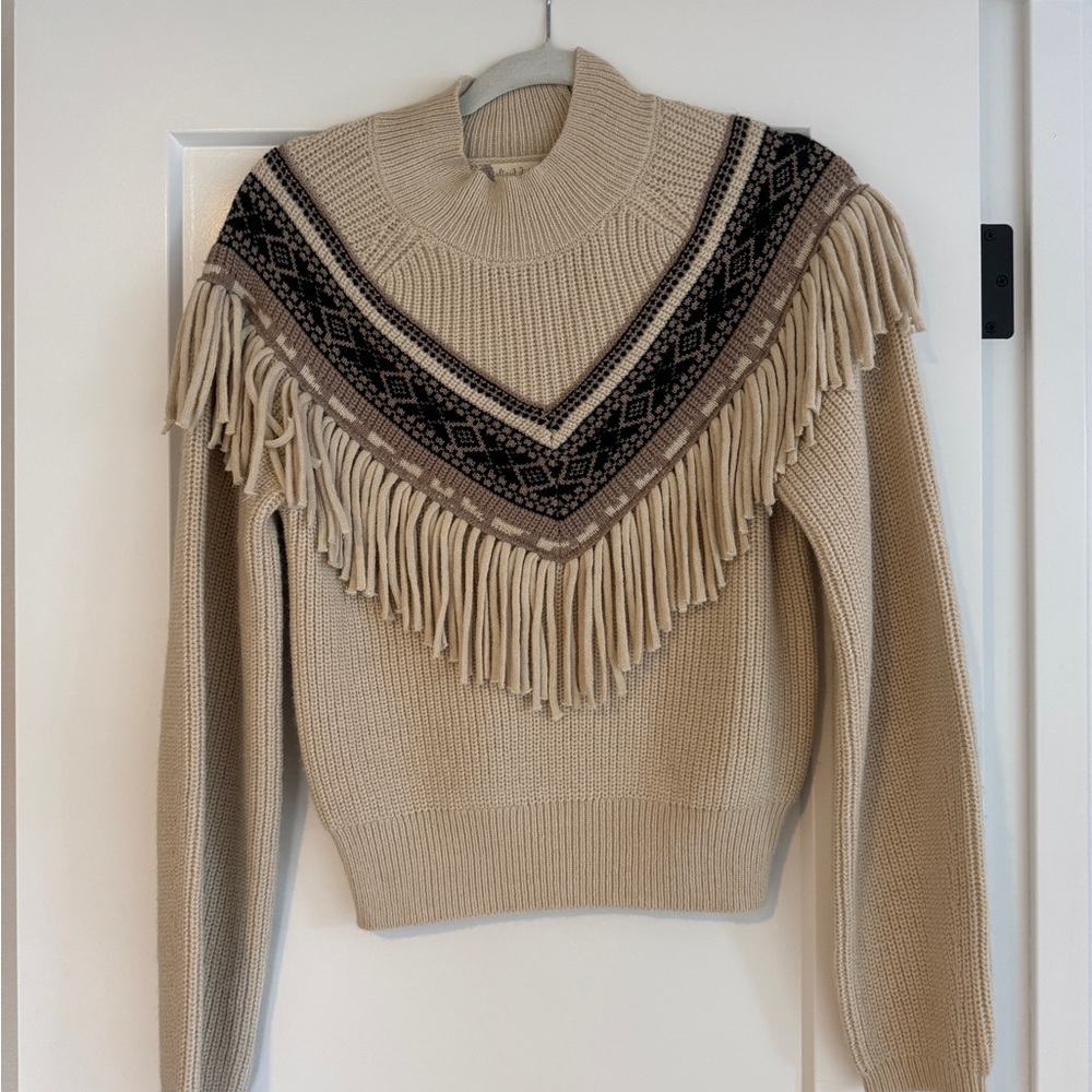 Altar'd State Beige and Black Fringed Turtleneck Sweater